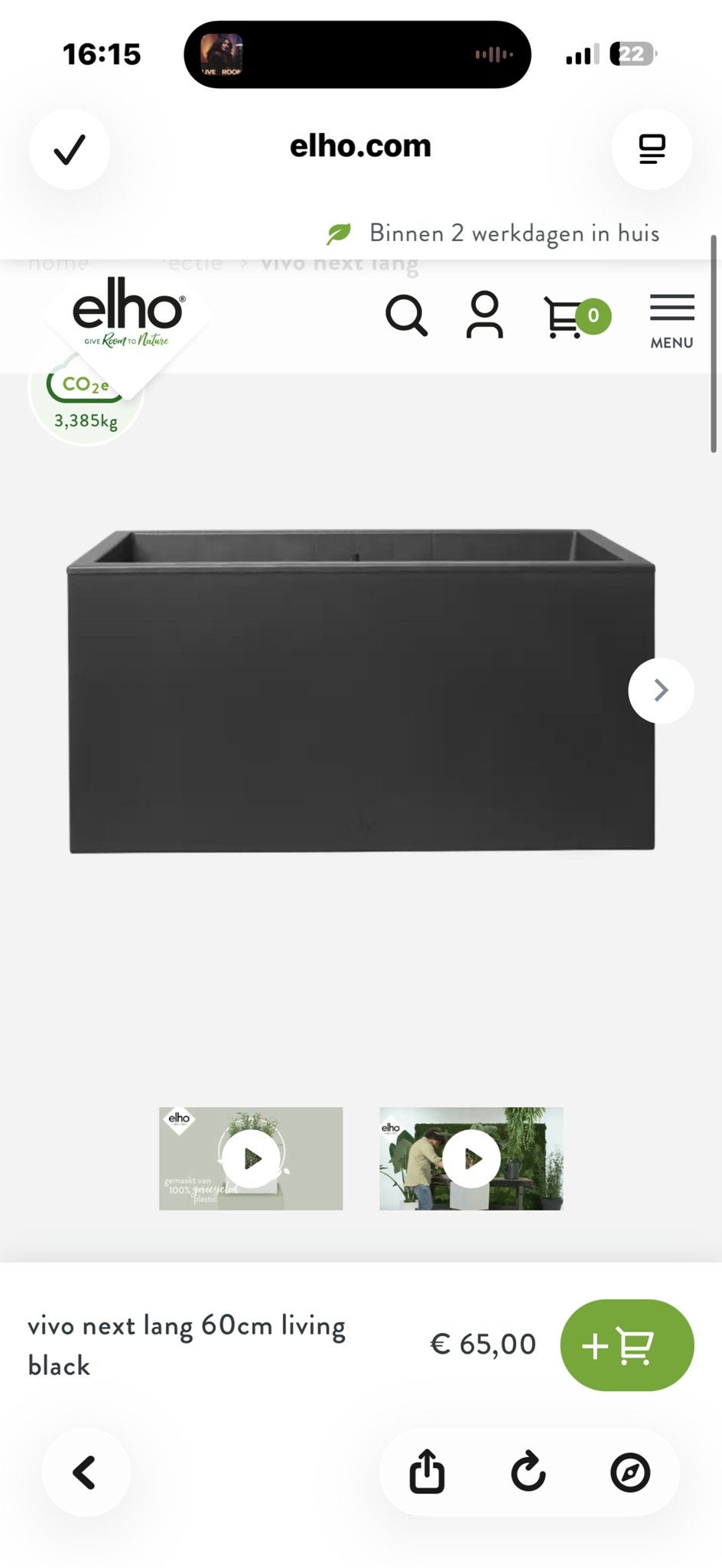 Elho Vivo Next Lang 60cm Living Black Plantenbak (nieuw,, 25 tot 40 cm, Kunststof, Ophalen of Verzenden, Minder dan 40 cm