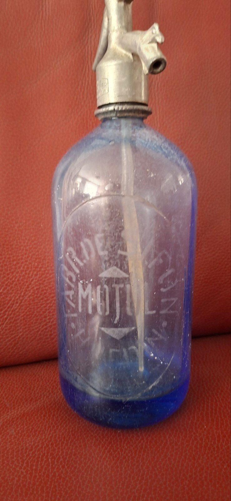 Oude blauwe glazen sifonfles 'Motul', Ophalen of Verzenden