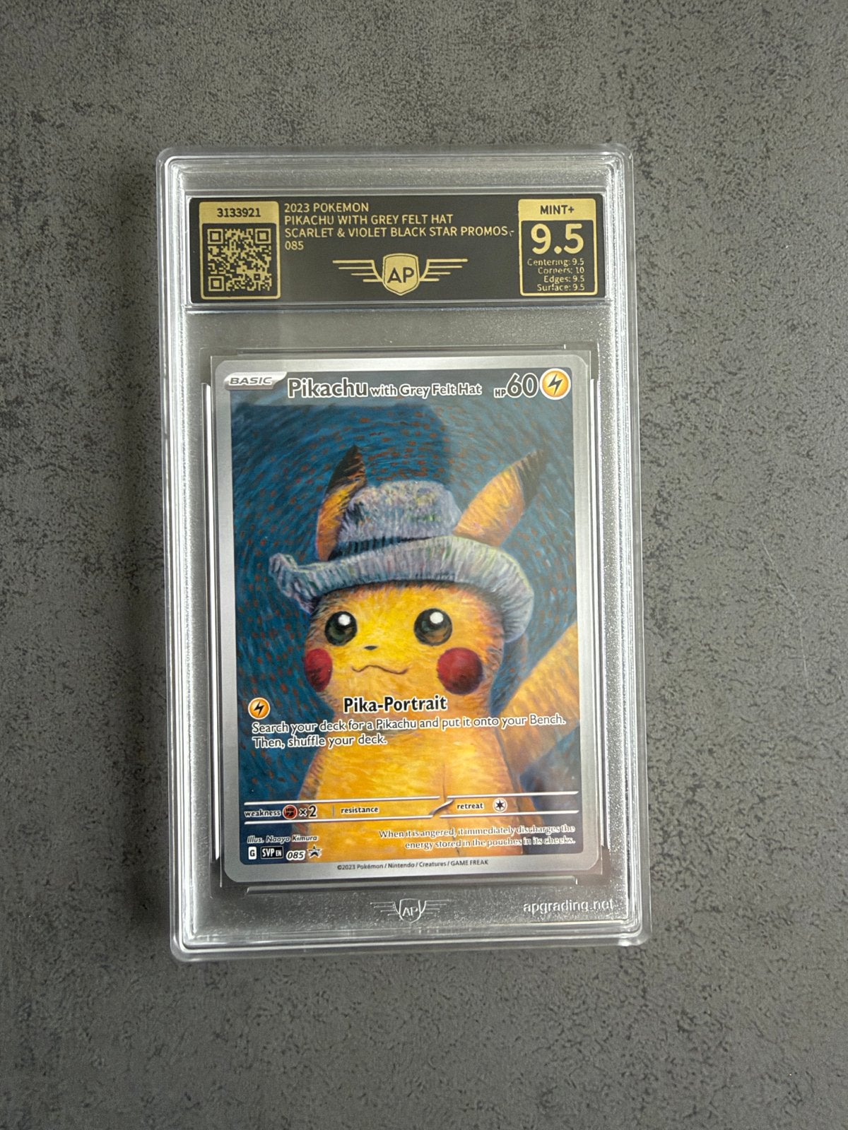 Pikachu with Grey Felt Hat / Van Gogh –AP 9.5/PSA10 potentie, Ophalen of Verzenden, Zo goed als nieuw, Losse kaart