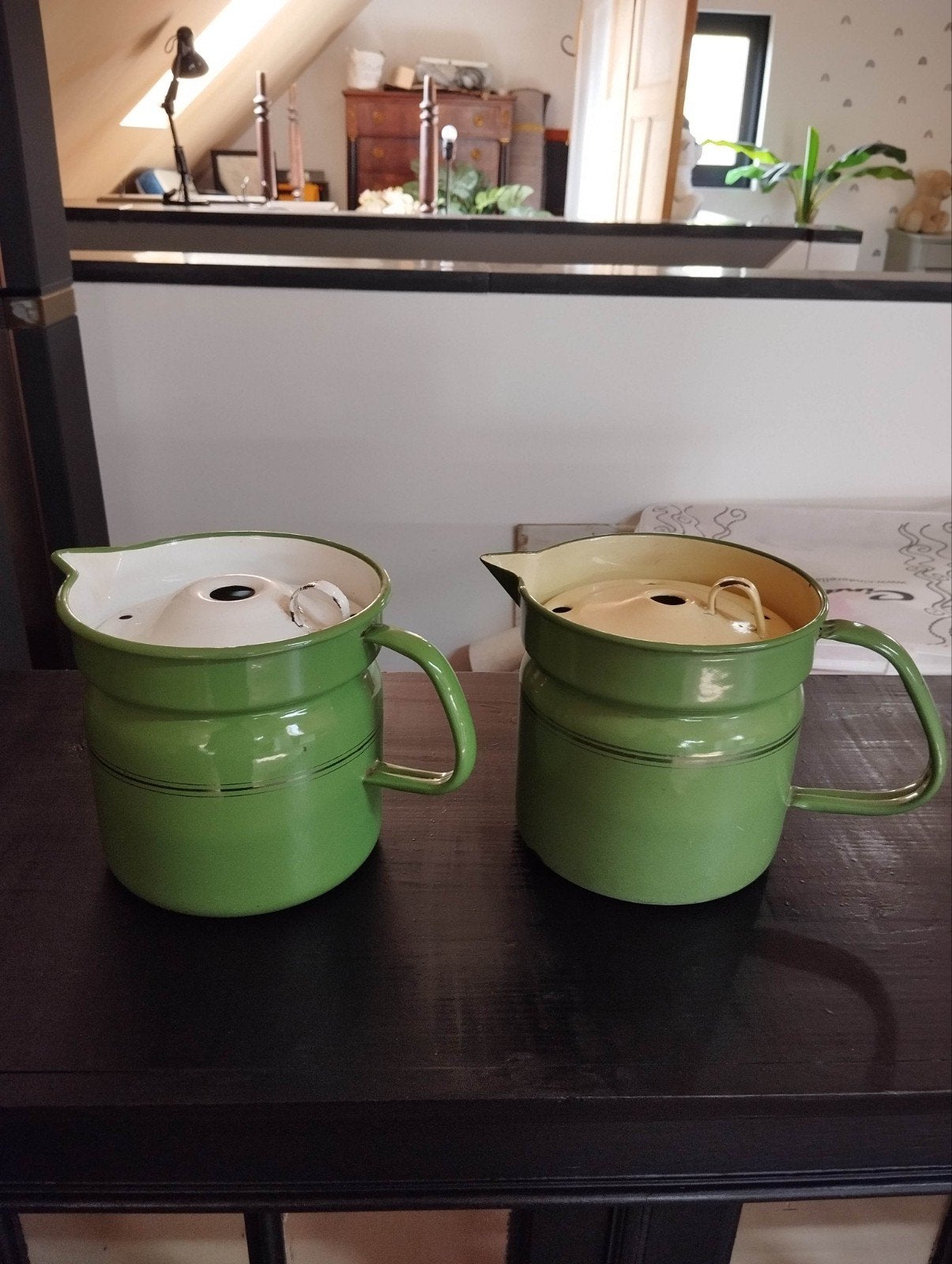 Vintage groene emaille melkkokers / 3 stuks, Antiek en Kunst, Ophalen of Verzenden
