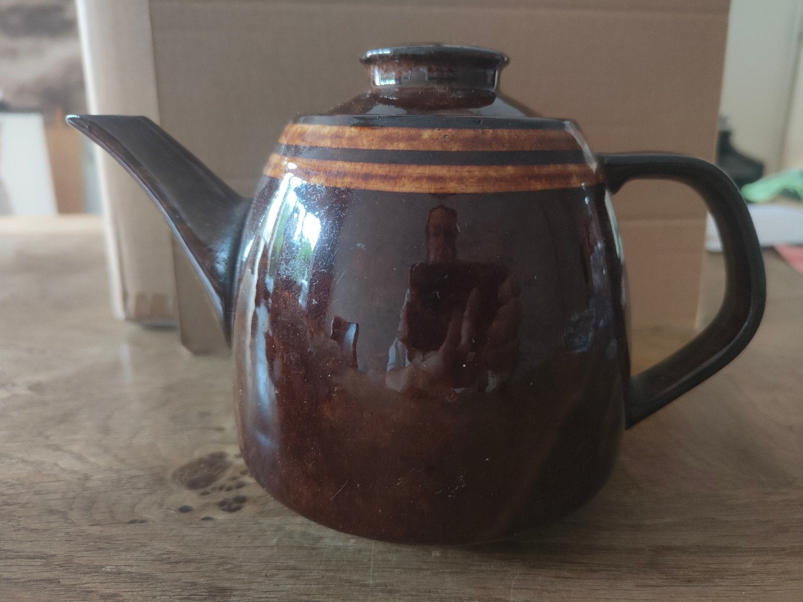 Vintage Bruine Keramische Theepot met Strepen, Antiek en Kunst, Ophalen of Verzenden