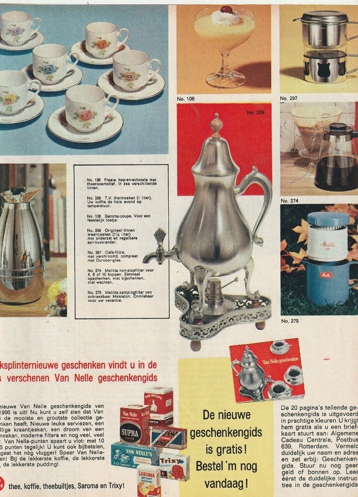 retro reclame 1966 Van Nelle tinnen kraantjeskan & servies, Verzamelen, Retro, Verzenden, Overige typen