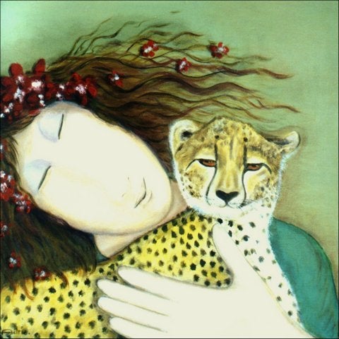Liefdevol schilderij Mens en Luipaard, Antiek en Kunst, Verzenden, Dieren