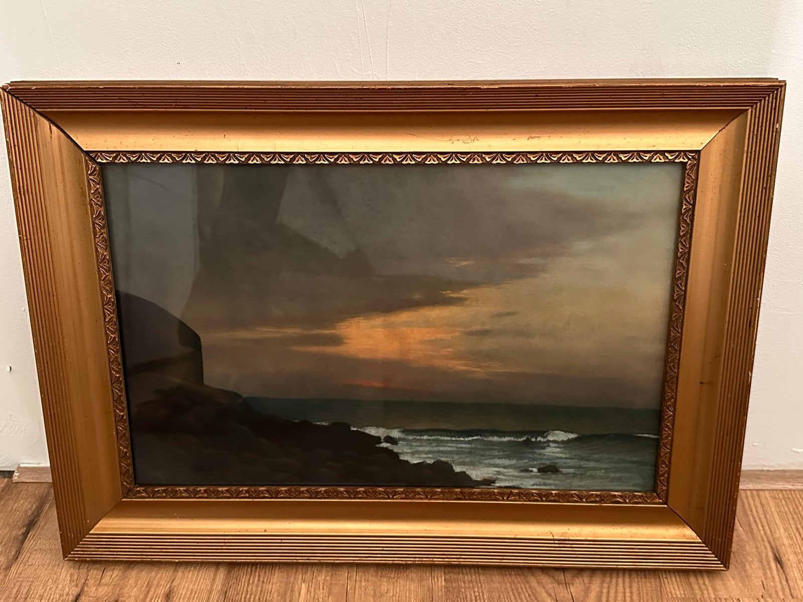 Schilderij zonsondergang aan zee, ingelijst, Antiek en Kunst, Kunst | Schilderijen | Klassiek, Ophalen, Realistisch, Olieverf