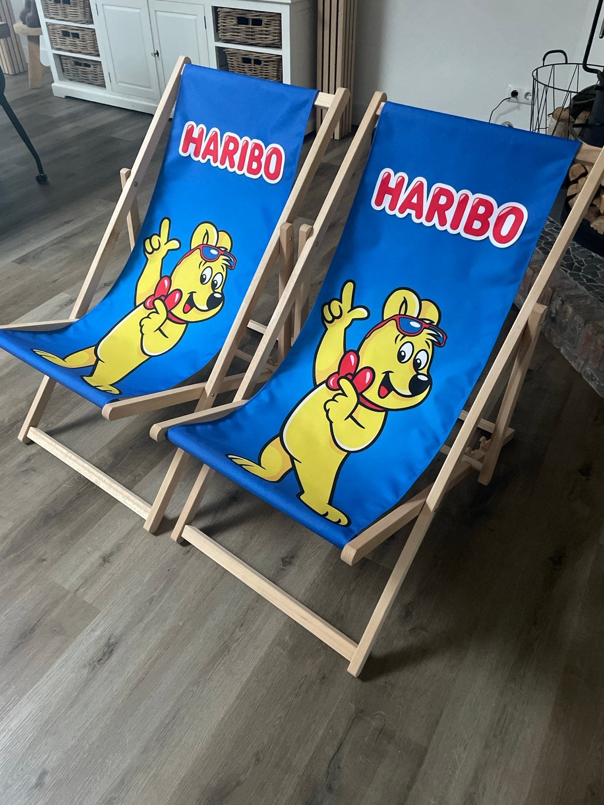 2 Haribo strandstoelen - Zo goed als nieuw, Ophalen, Zo goed als nieuw, Hout, Inklapbaar