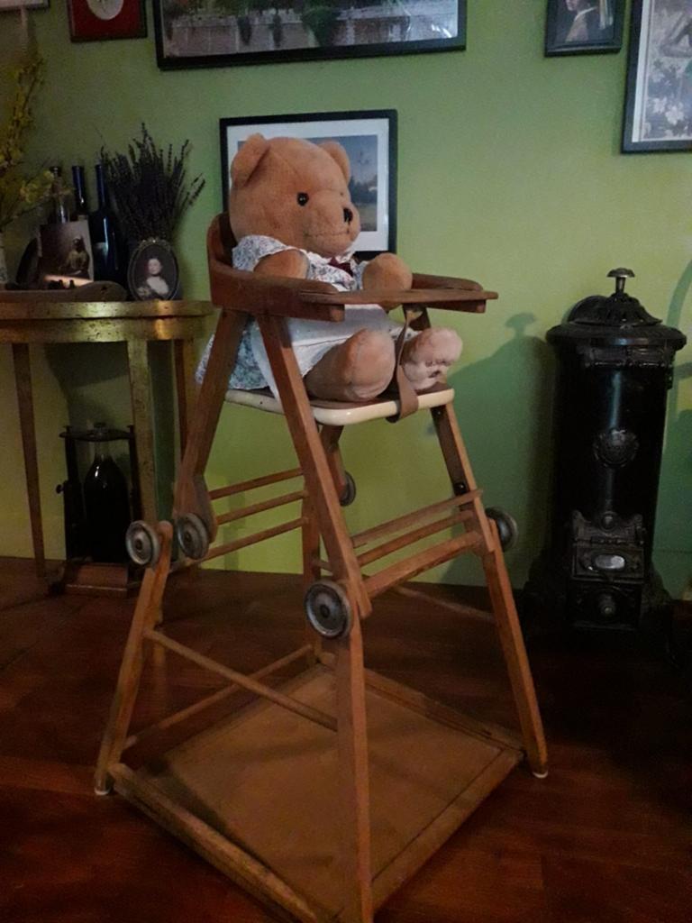 Vintage houten kinderstoeltje,  met wieltjes, Ophalen, Gebruikt