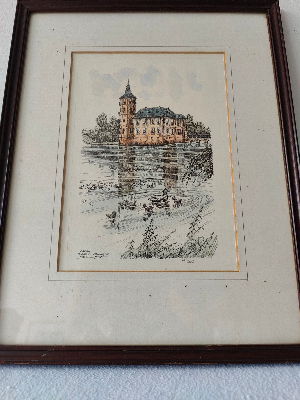 Originele Handgekleurde Lithografie Kasteel Bouvigne Breda, Antiek en Kunst, 1950 - 1999, Ingelijst, Ophalen of Verzenden, Landschap