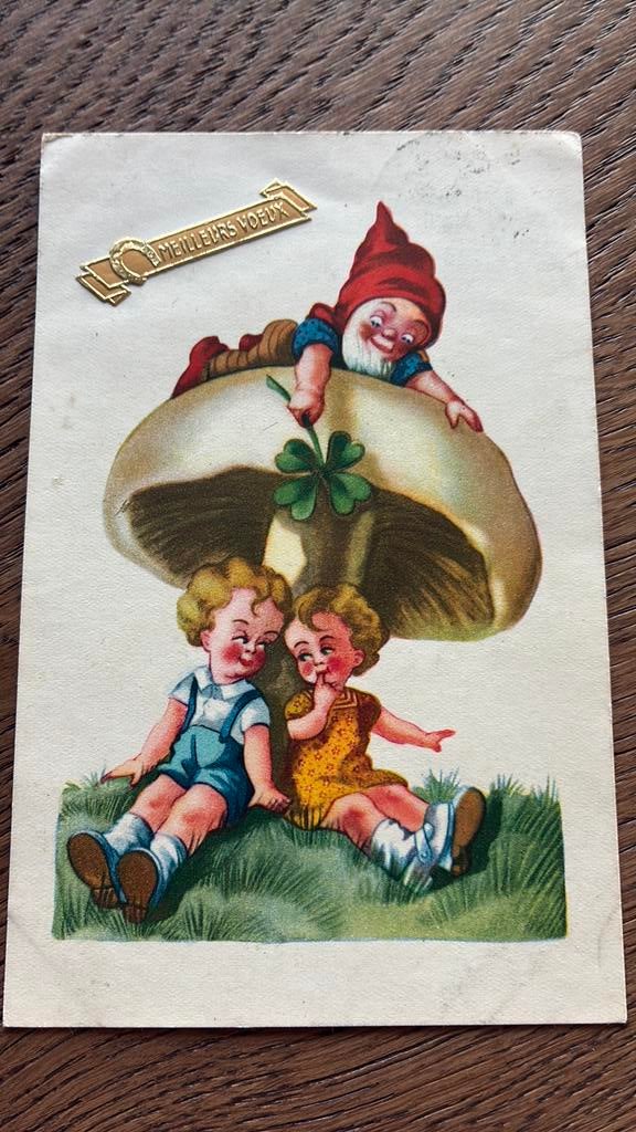Kinderen onder paddestoel. Kabouter met klaver., Ophalen of Verzenden, Gelopen, Kinderen