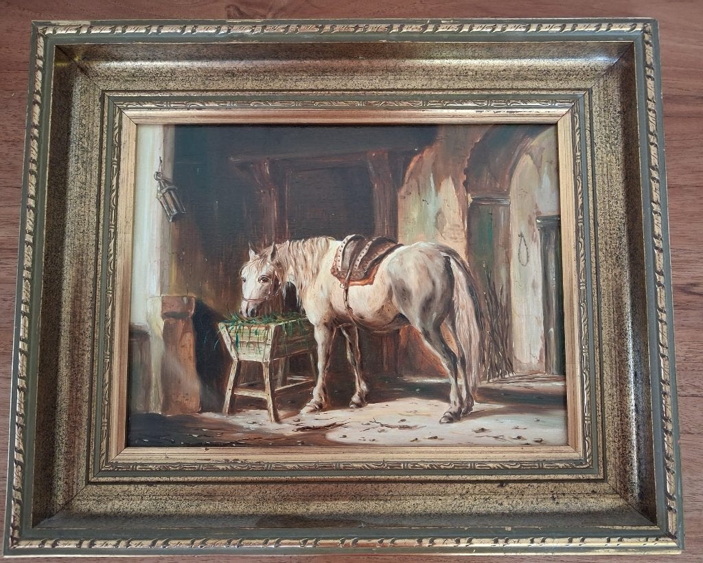 Paard in stal door R. Noorlander in Huis Den Dolf, Antiek en Kunst, Paneel, Ingelijst, Realistisch, Dieren