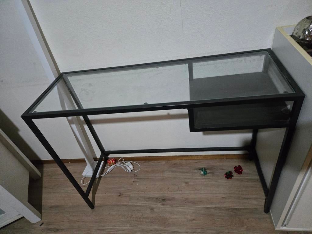 Modern glazen bureau met metalen frame, Huis en Inrichting, Bureaus, Ophalen