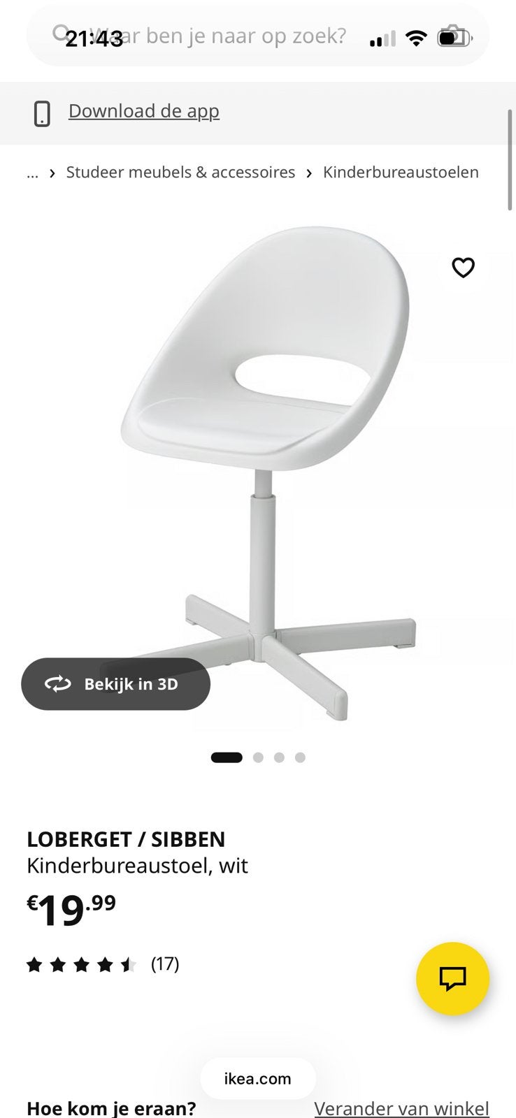 IKEA LOBERGET / SIBBEN Kinderbureaustoel, wit, Ophalen, Kunststof, Wit, Zo goed als nieuw