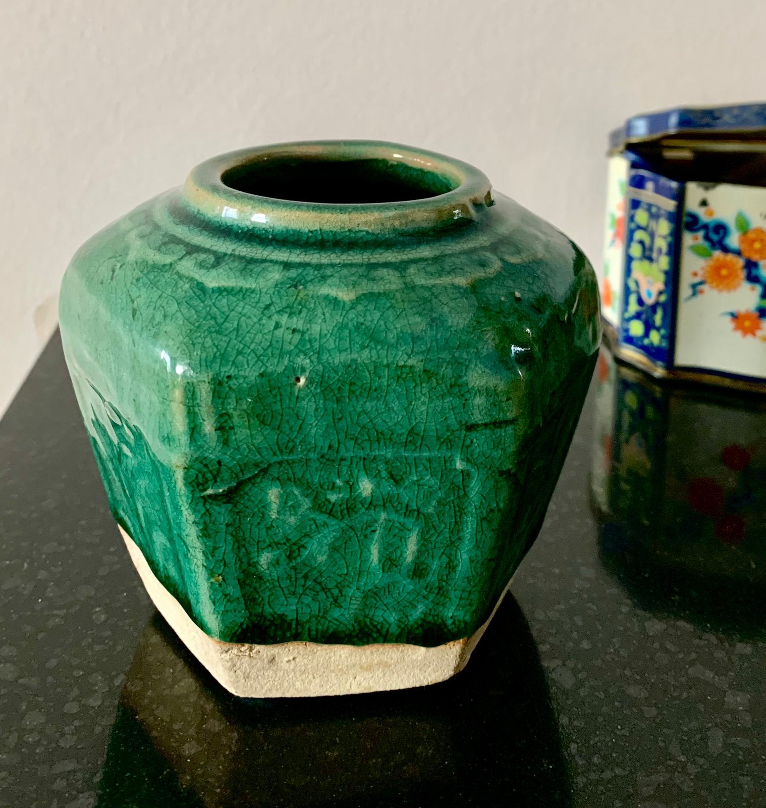 Groene oude gemberpot aardewerk zeskantig, Verzenden