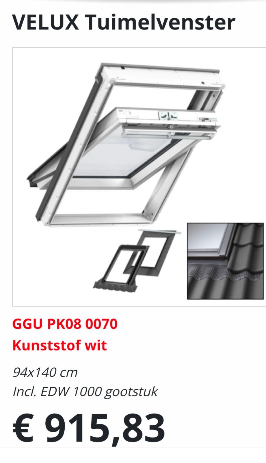 VELUX Tuimelvenster GGU PK08 0070 met gootstuk, Ophalen, 80 tot 120 cm, 120 tot 160 cm, Nieuw