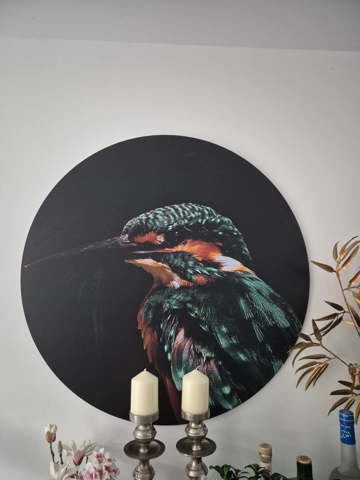 Aluminium wanddecoratie ijsvogel 90x90 cm, Huis en Inrichting, Overige typen, Ophalen of Verzenden, Zo goed als nieuw, 75 tot 100 cm