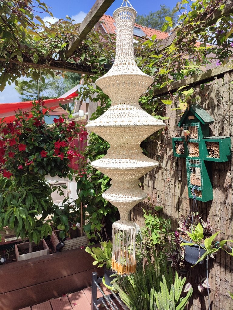 Gehaakte fuiklamp met houten kralen-130 cm lang, 35 cm breed, Huis en Inrichting, Ophalen of Verzenden, Nieuw, Metaal, Boho / bohamian / Ibiza style