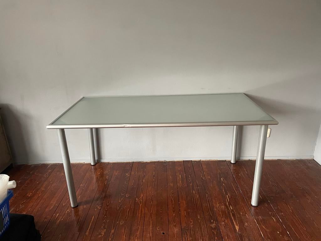 Gezandstraalde glazen tafel met verwijderbare poten, Ophalen, Gebruikt, 100 tot 150 cm, 50 tot 100 cm