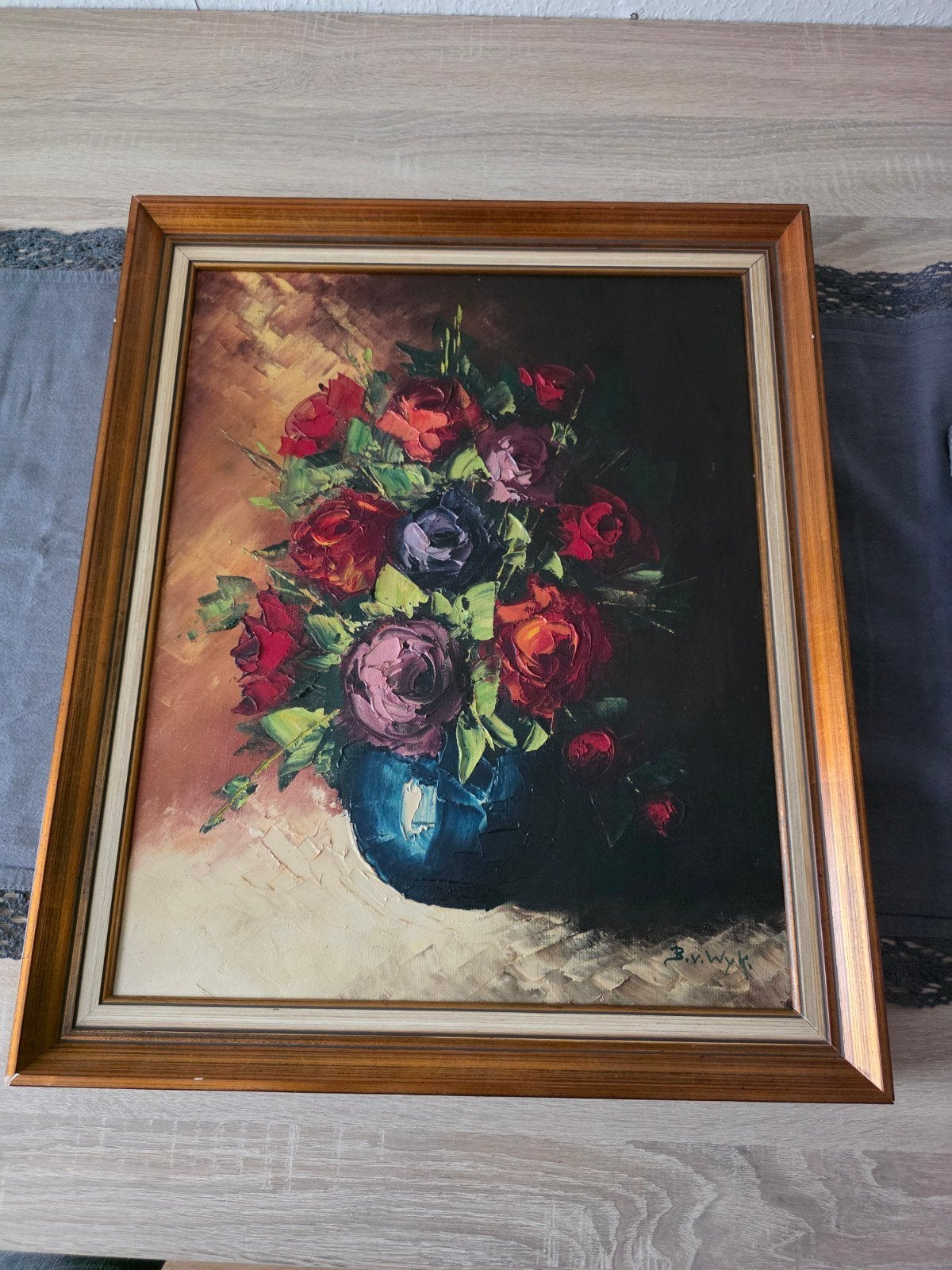 Schilderij met bloemen in vaas, gesigneerd B. v. Wyk, Doek, Realistisch, Olieverf, Origineel werk