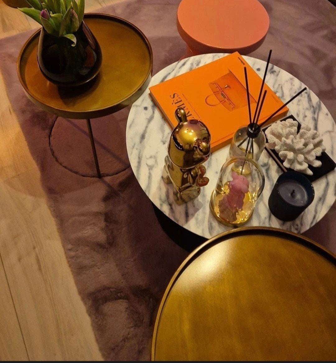 Set van 3 marmeren look en metalen salontafels, Ophalen, Rond, 50 tot 100 cm, Zo goed als nieuw