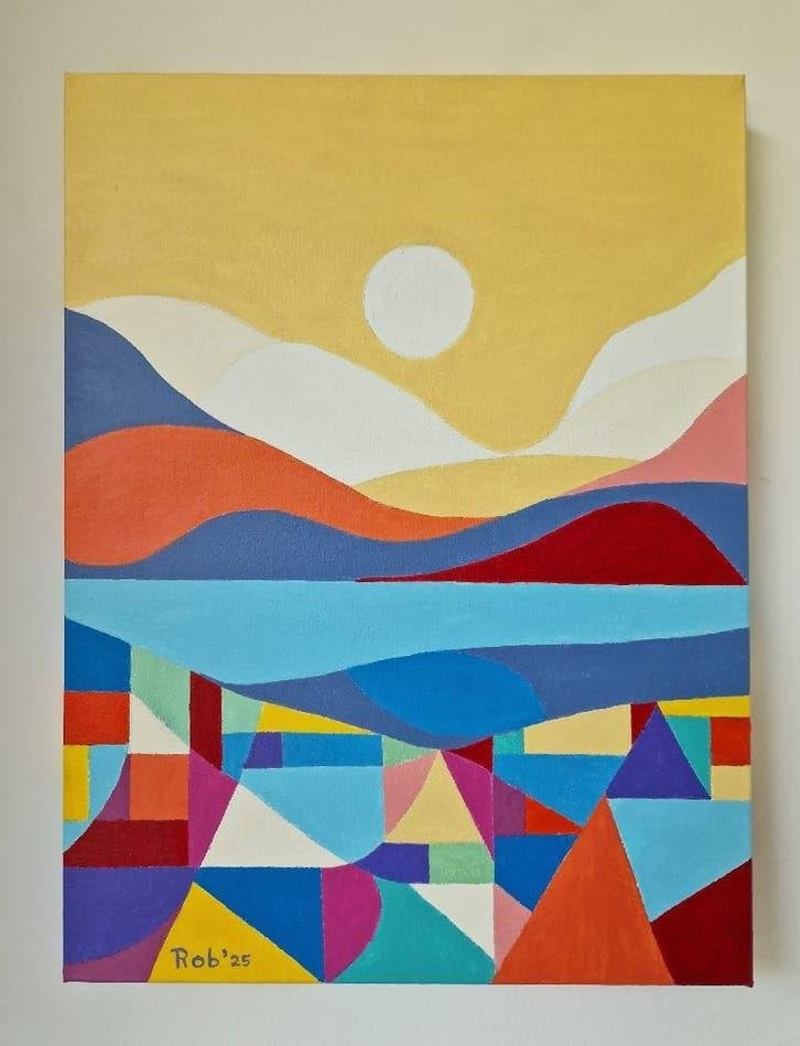 abstract landschap, zelf geschilderd op doek met acryl, Ophalen