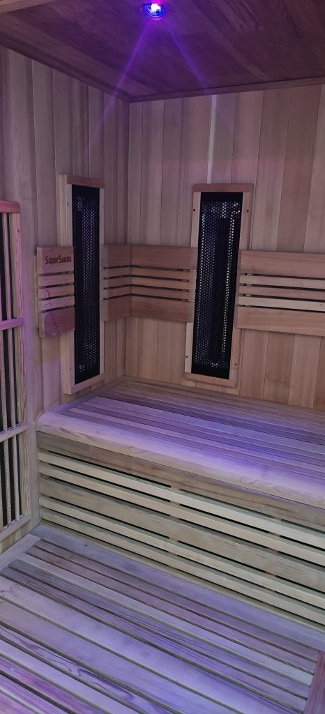 Combinatie Sauna (11x infra rood) 210x170cm + 9Kw kachel, Ophalen, Zo goed als nieuw, Fins of Traditioneel, Complete sauna