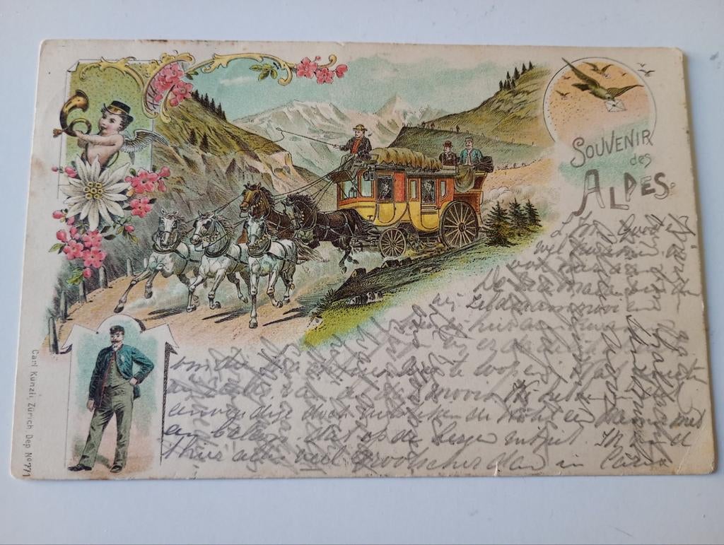 Zwitserland Lithokaart Alpen Postkoets 1900, Verzamelen, Ophalen of Verzenden, Voor 1920, Gelopen, Overig Europa