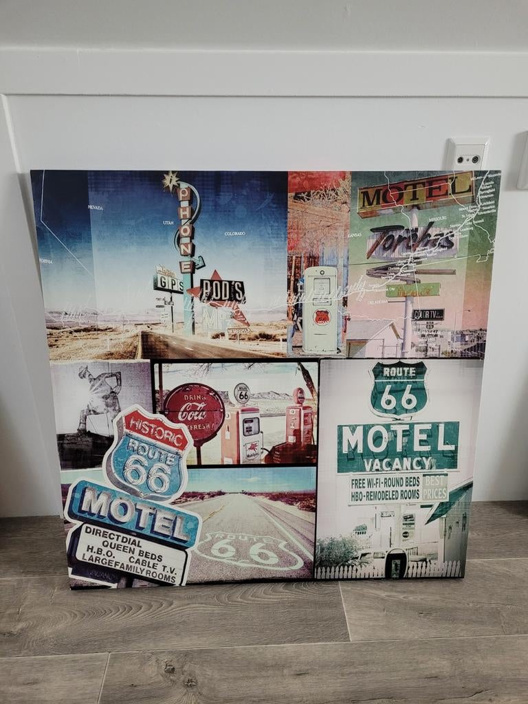 Canvas op houten frame , Route 66 , 90x90cm, Ophalen, Zo goed als nieuw, Schilderij, 75 tot 100 cm