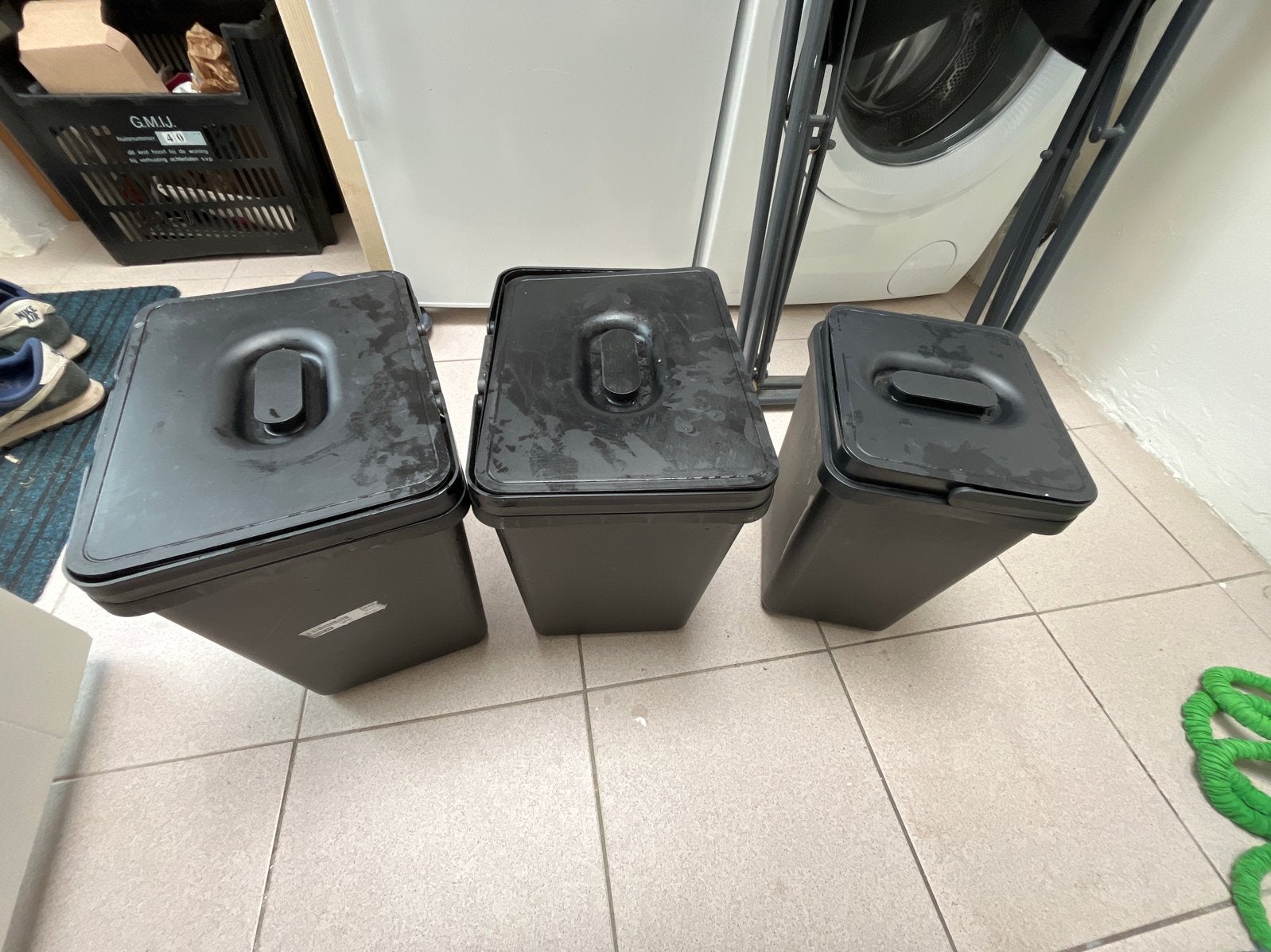 Set van 3 zwarte afvalemmers met deksel, 10 tot 20 liter, Ophalen, Gebruikt, Kunststof