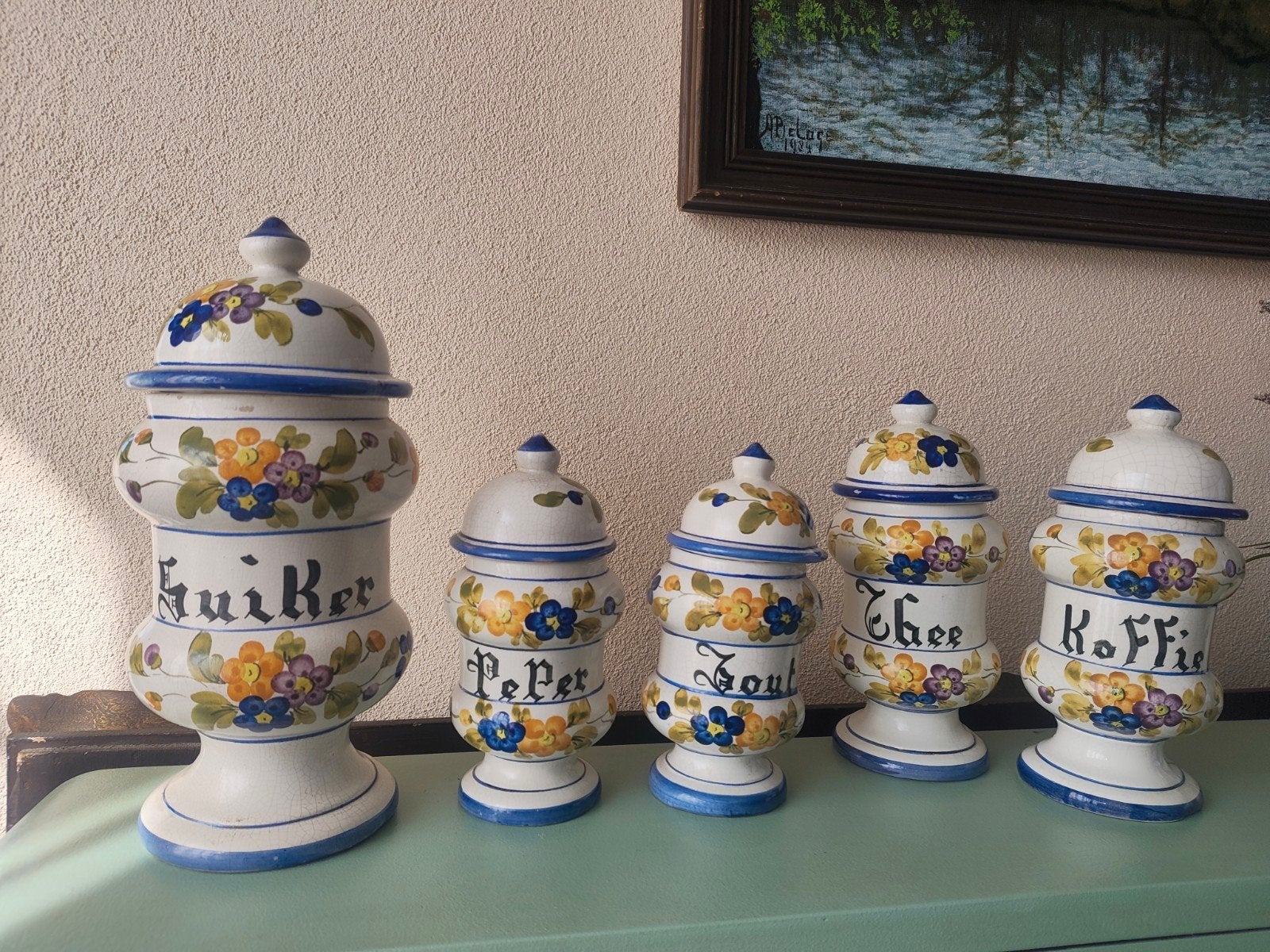 Vintage voorraadpotten: Suiker, Koffie, Thee, Peper, Zout, Antiek en Kunst, Ophalen of Verzenden