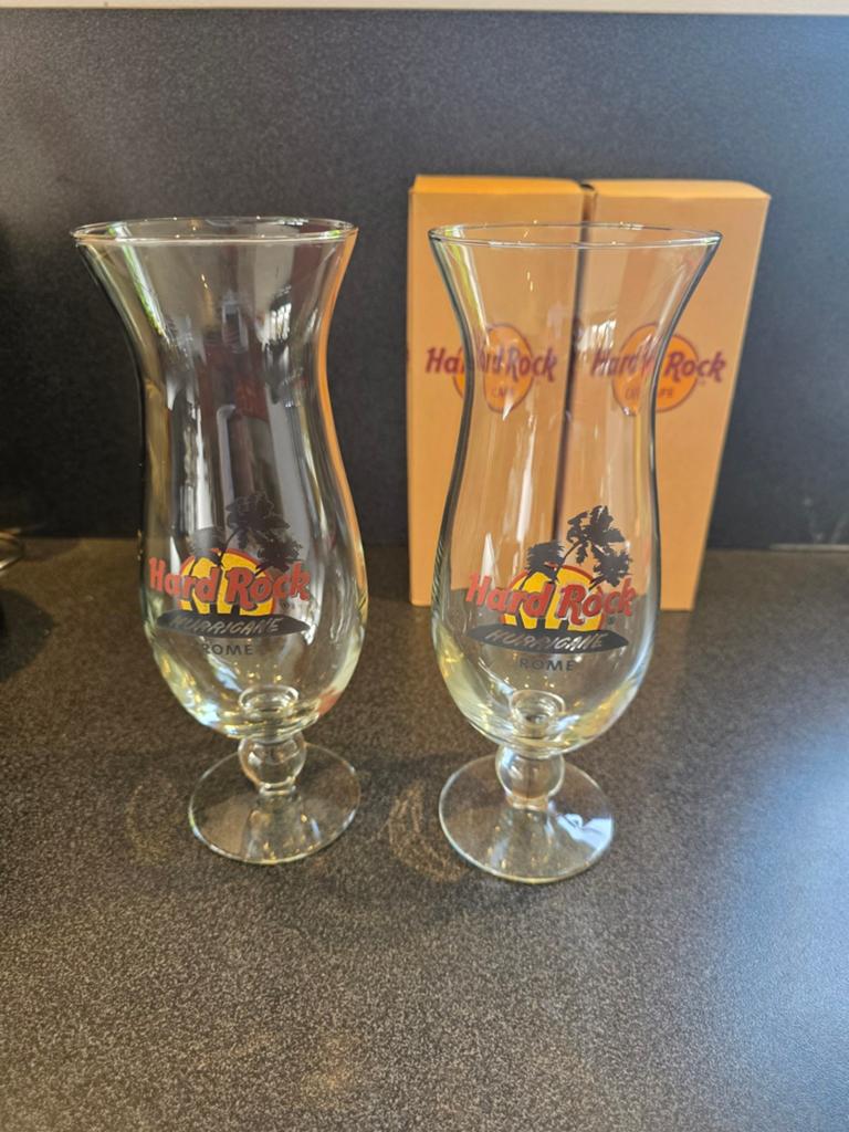 Hard Rock Cafe Hurricane Glazen - Rome Editie (2 stuks), Ophalen of Verzenden, Zo goed als nieuw, Glas, Modern