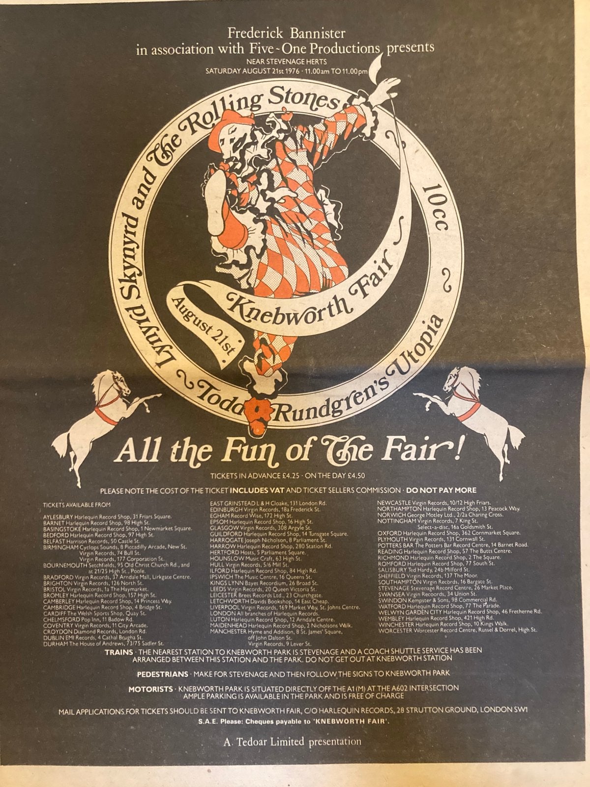KNEBWORTH Festival STONES Lynyrd Skynyrd A3 advertentie, Ophalen of Verzenden, Gebruikt