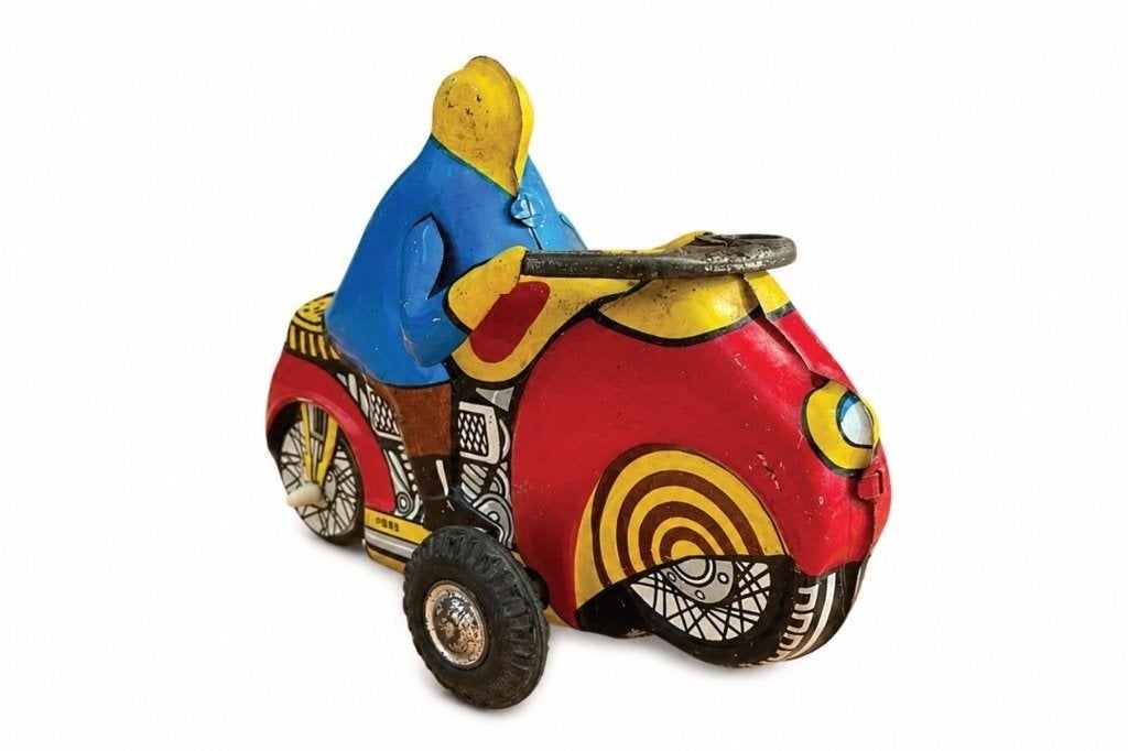 Vintage blikken speelgoedmotor met bestuurder, Antiek en Kunst, Ophalen