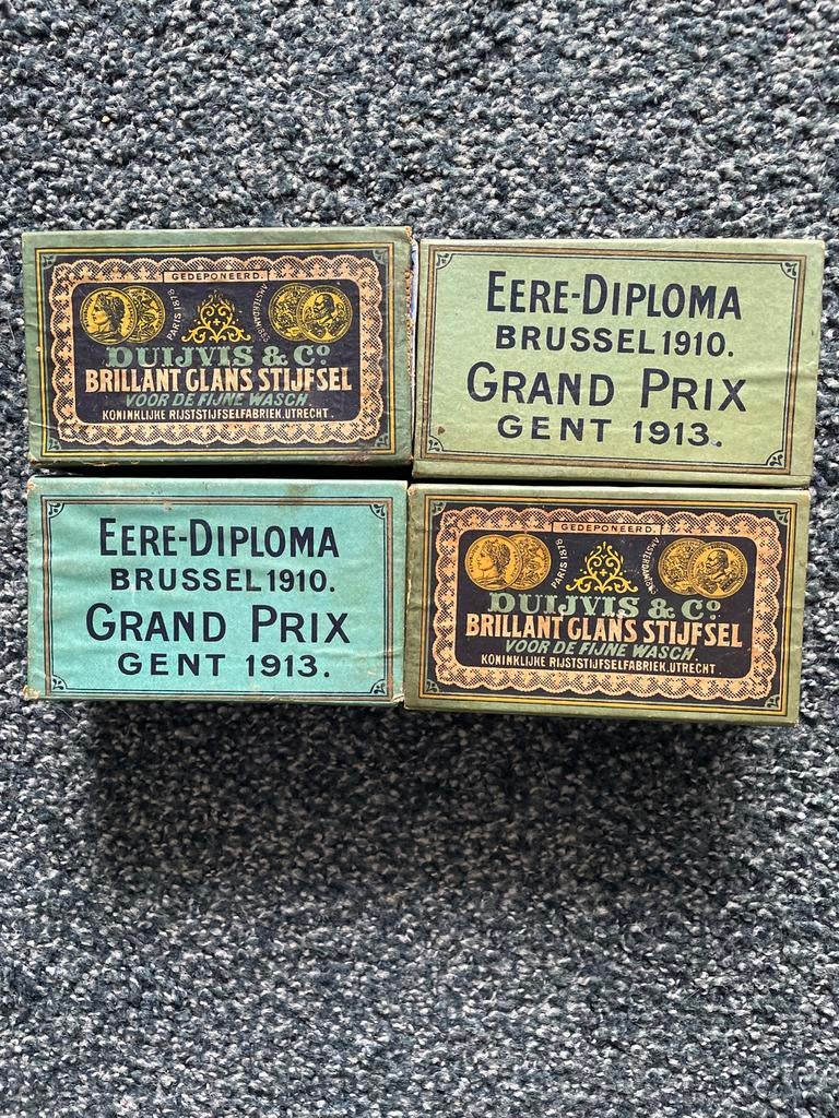 5 oude stijfsel doosjes, 4 uit 1913 en 1 uit 1910, Verzamelen, Ophalen of Verzenden, Gebruikt