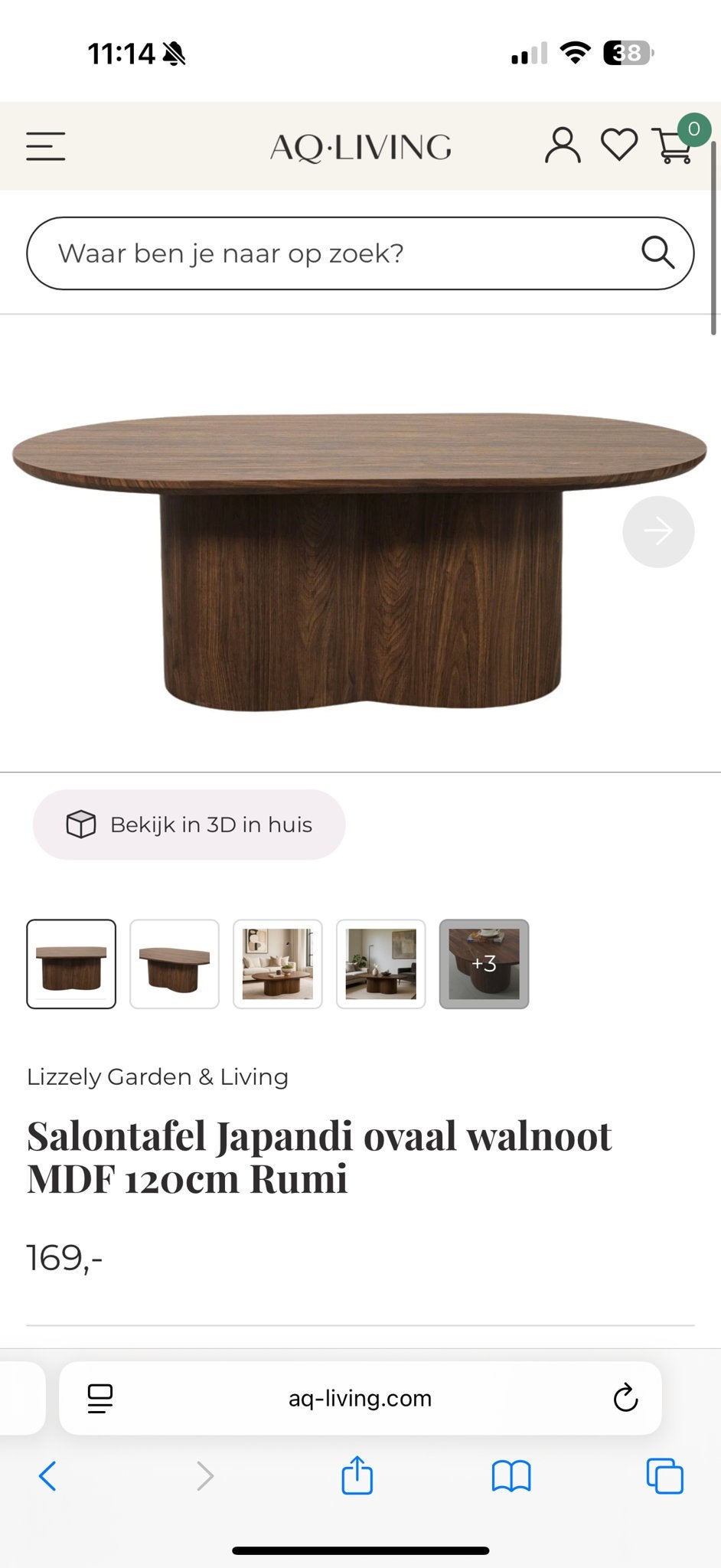 Salontafel Japandi ovaal walnoot MDF 120cm Rumi, Ophalen, 100 tot 150 cm, Nieuw, 50 tot 100 cm