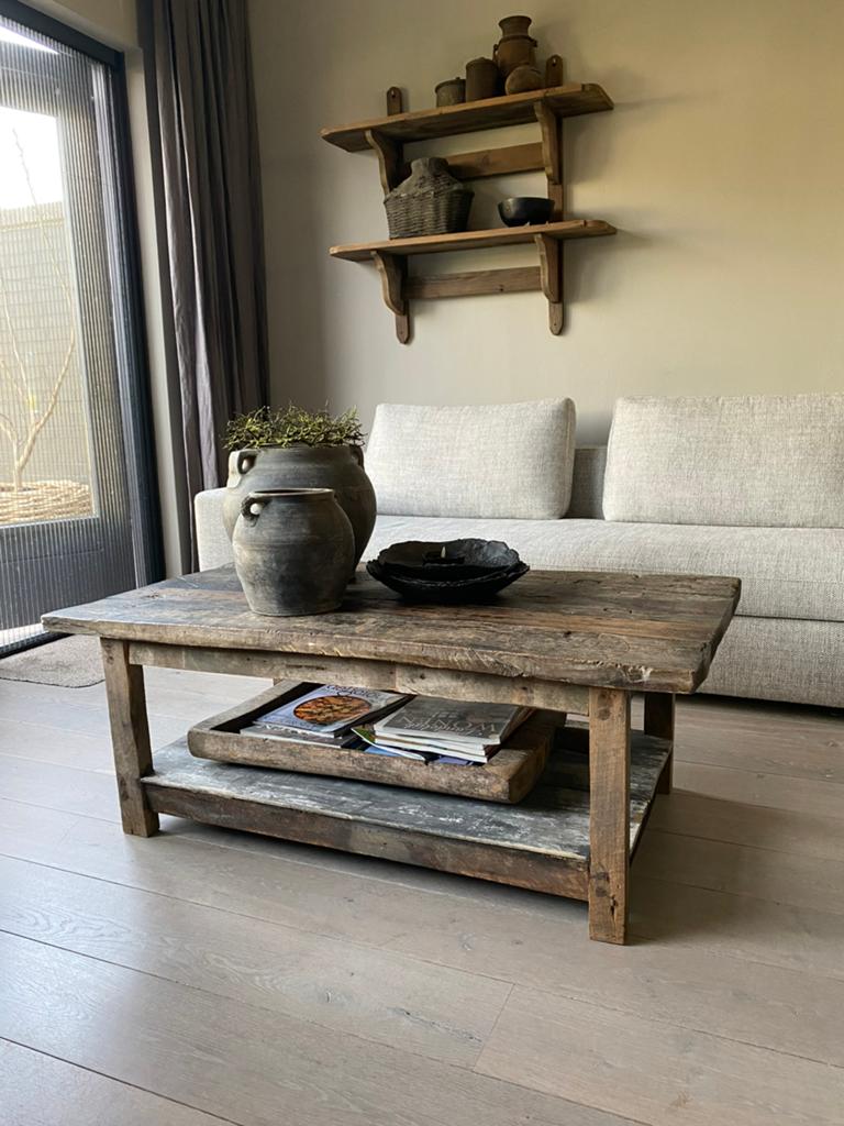 Stoere sobere salontafel oud hout, Huis en Inrichting, Tafels | Salontafels, Ophalen, Gebruikt, 100 tot 150 cm, 50 tot 100 cm