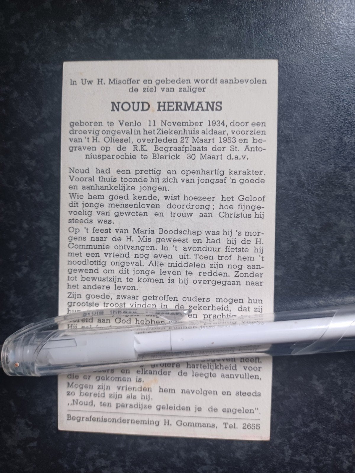 Bidprentje Venlo Blerick Noud Hermans 1934 1953, Ophalen of Verzenden, Bidprentje