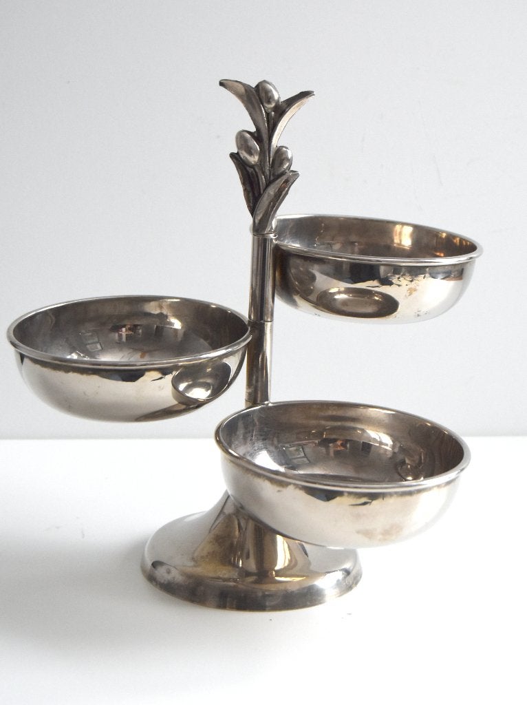 Verzilverde vintage etagère met 3 verstelbare kommen, Etagère, Gebruikt, Metaal, Ophalen of Verzenden