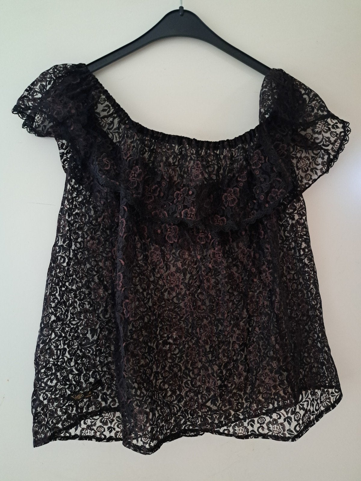 Zwart/ bruine kanten off-shoulder top, maat 46/48, Zwart, Maat 46/48 (XL) of groter, Ophalen of Verzenden, Zo goed als nieuw