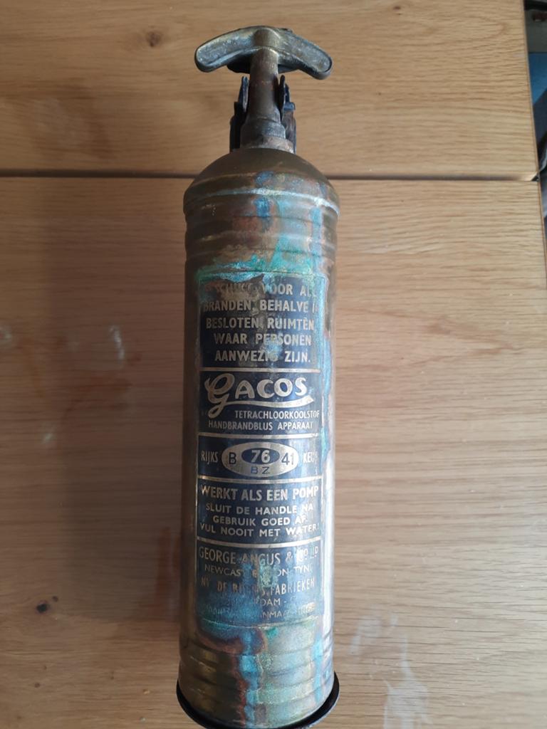 Oude messing brandblusser,  Gacos, Ophalen, Gebruikt