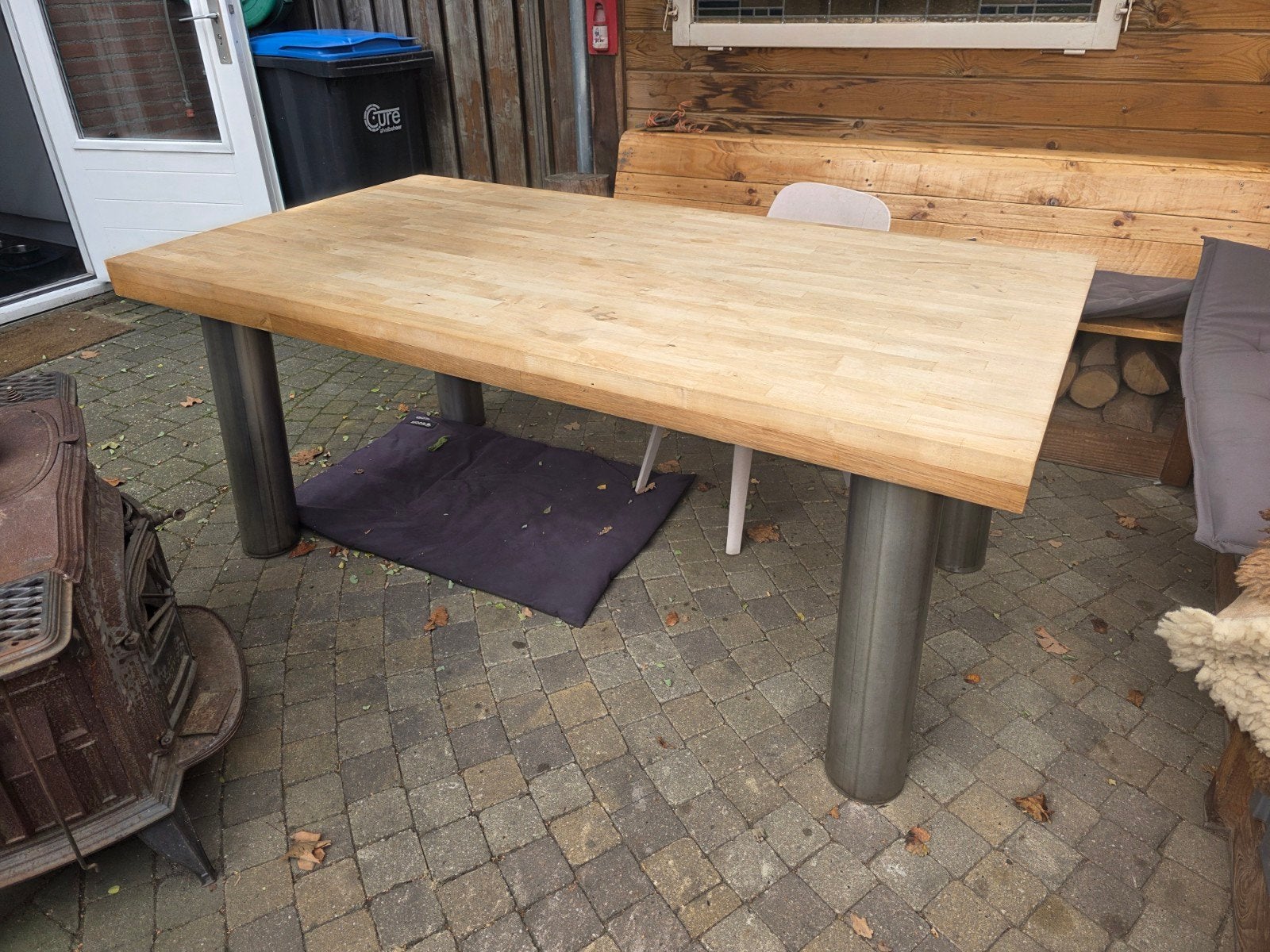 Eettafel met beukenhouten blad en RVS poten, Gebruikt, 50 tot 100 cm, 150 tot 200 cm, Rechthoekig