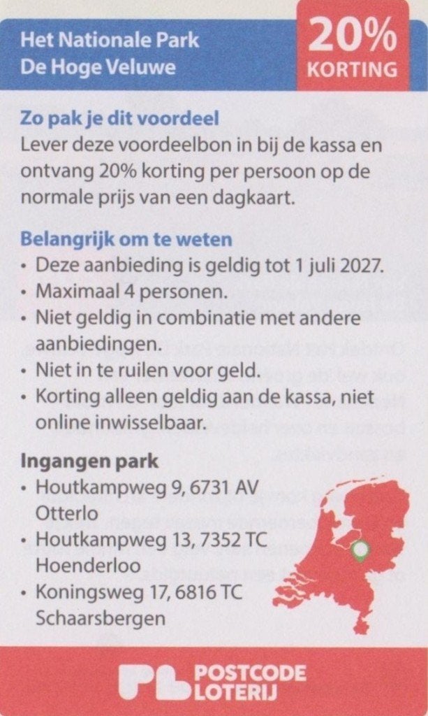 Het Nationale Park De Hoge Veluwe. 20% korting. Postcode bon, Drie personen of meer, Kortingskaart