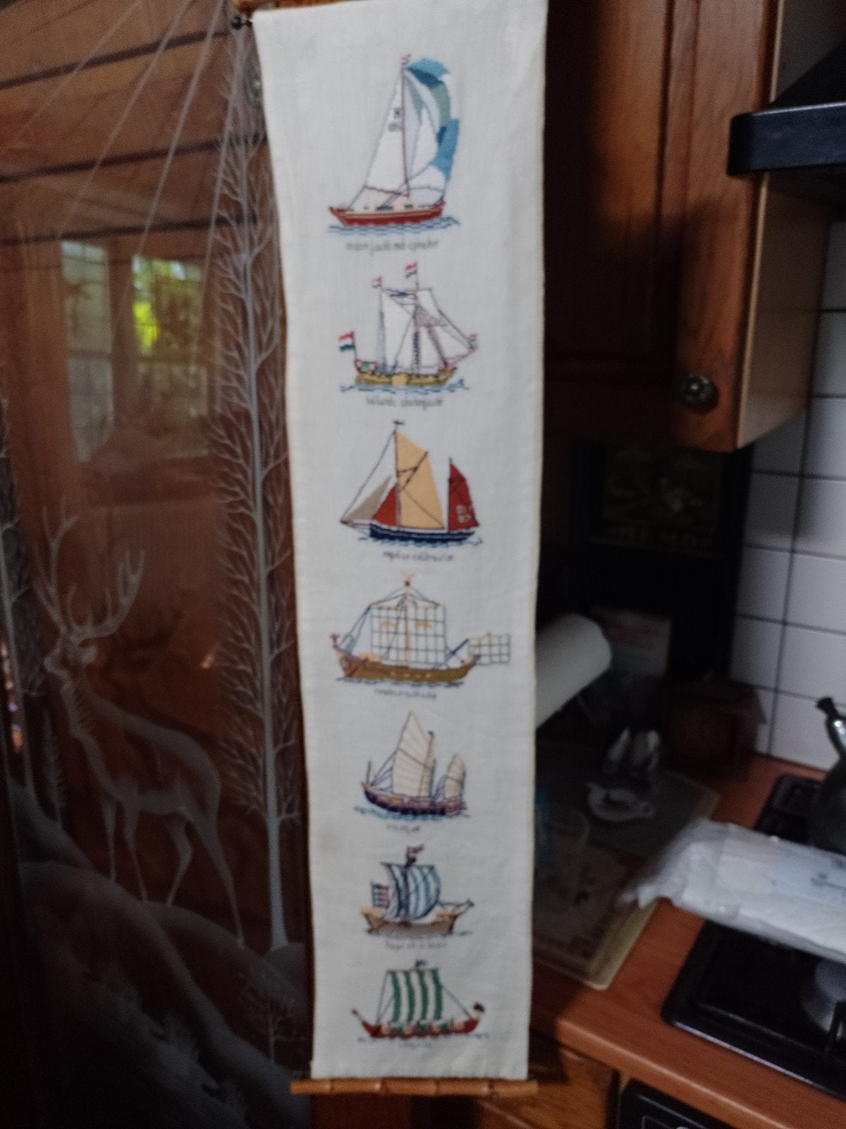Schellekoord/belkoord met geborduurde schepen 90x19 cm, Gebruikt, Meerkleurig, Overige stijlen, Ophalen of Verzenden