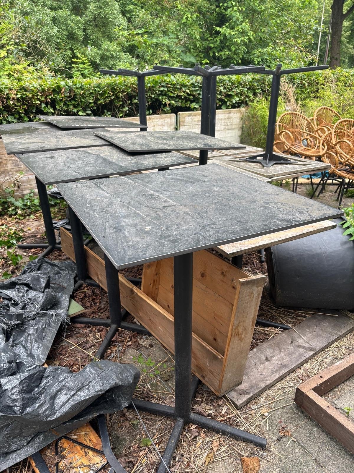 Terras tafels - Hoog en laag, zwart en bruin, Ophalen, Gebruikt, Vierkant, Hout