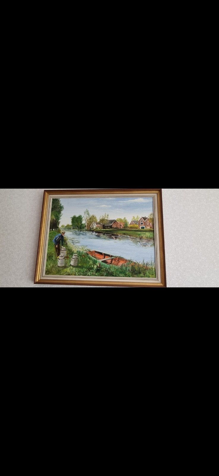 Schilderij 'Landschap met rivier en boot' gesigneerd H. Valk, Ophalen, Doek, Realistisch, Landschap