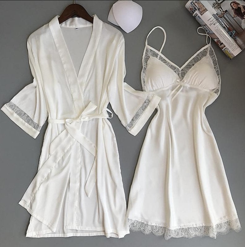 Witte kimono en nachtjapon set (ochtendjas badjas jurkje), Verzenden, Wit, Nachtkleding