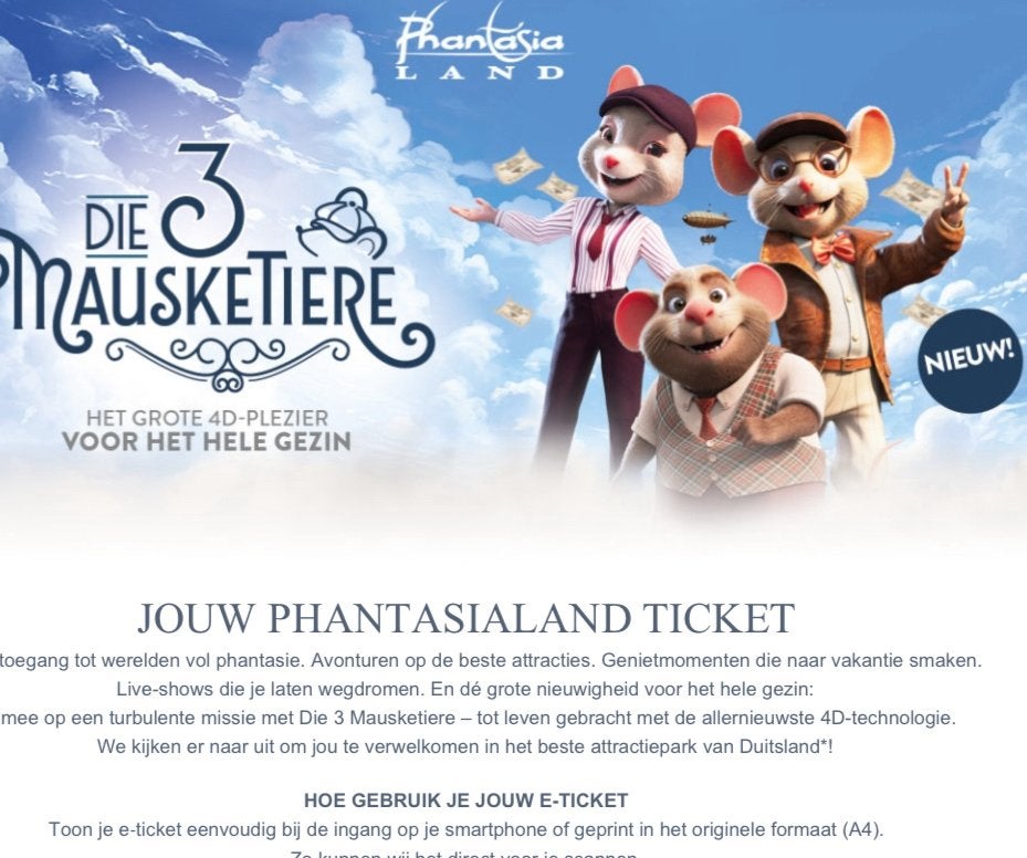 Phantasialand tickets 19-8!!, Twee personen, Ticket of Toegangskaart