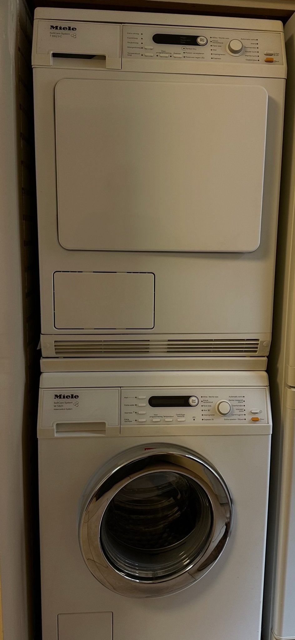 Miele W 5821 Wasmachine en T 8823 C Wasdroger Set, Ophalen of Verzenden, Gebruikt, Voorlader