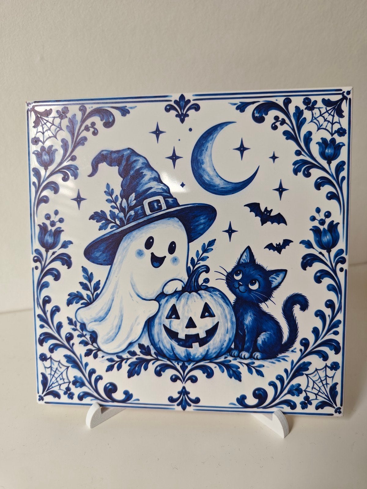 Halloween Delfts Blauw Tegel - Spookje, Pompoen & Kat, Blauw, Verzenden, Overige stijlen, Zo goed als nieuw
