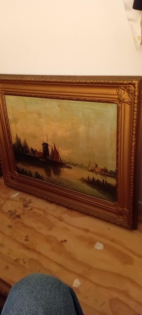 Oud Hollands Landschap Schilderij met Molen en Boten, Antiek en Kunst, Kunst | Schilderijen | Klassiek, Ophalen