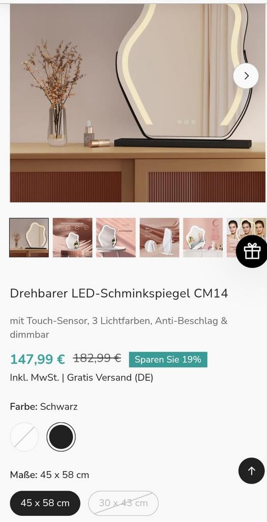 New standing mirror with lights, Ophalen of Verzenden, Rechthoekig, Minder dan 50 cm, Minder dan 100 cm