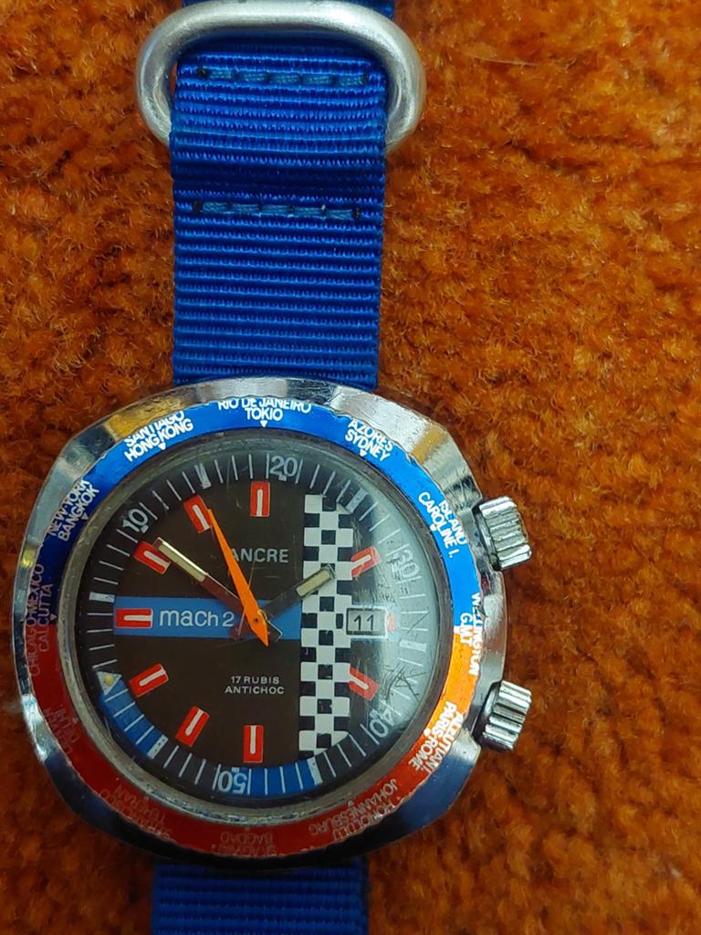 Worldtimer Mach 2 Ancre mech.horloge, Sieraden, Tassen en Uiterlijk, Ophalen of Verzenden, Staal, Overige merken, 1960 of later